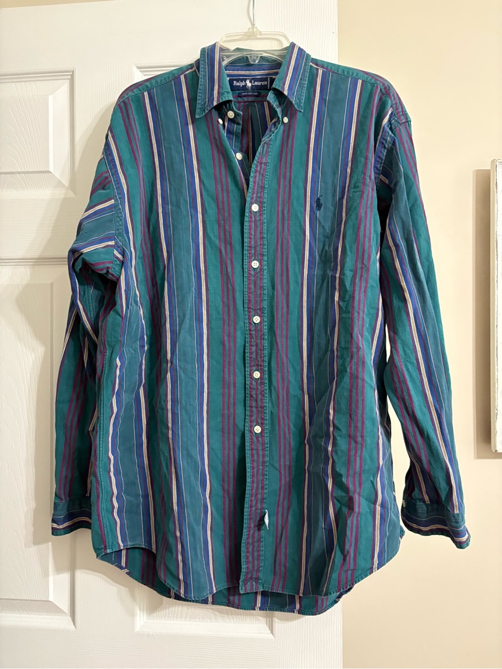 Vintage Ralph Lauren Mens L 100% Cotton Multicolor Striped Button Down Shirt